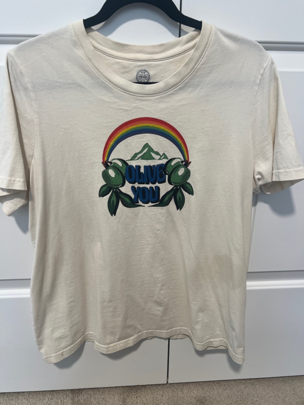 Tory Burch Cream Graphic Tee with Rainbow and Olive Motif